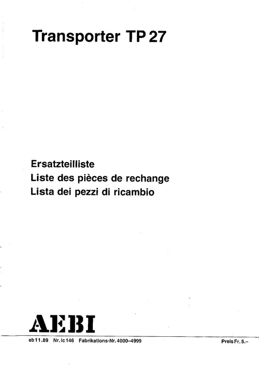 AEBI Transporter TP27 – Ersatzteilliste (Fabrikations-Nr. 04000–04999) – Vorschau 1