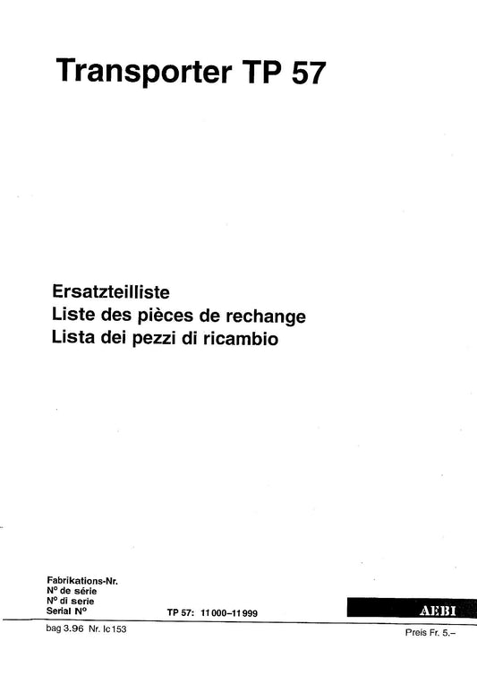 AEBI Transporter TP57 – Ersatzteilliste (Fabrikations-Nr. 11000–11999) – Vorschau 1