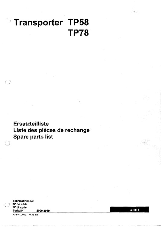 AEBI Transporter TP58 / TP78 – Ersatzteilliste (Fabrikations-Nr. 02000–02999) – Vorschau 1