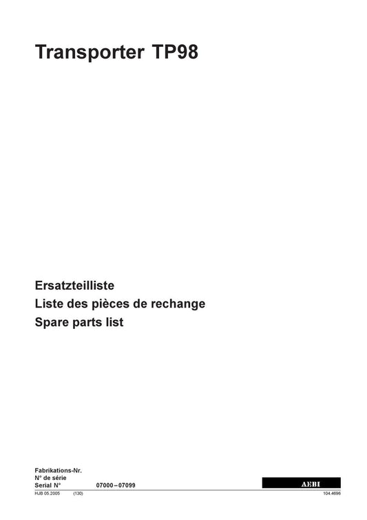 AEBI Transporter TP98 – Ersatzteilliste (Fabrikations-Nr. 07000–07099) – Vorschau 1